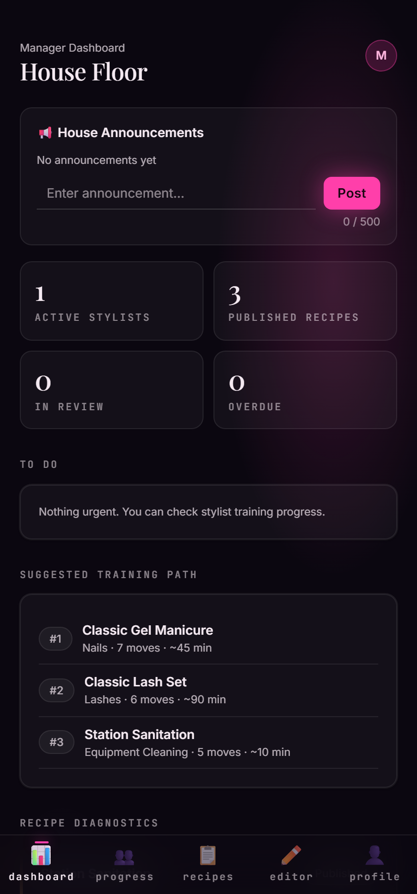 The owner dashboard showing training paths and diagnostics