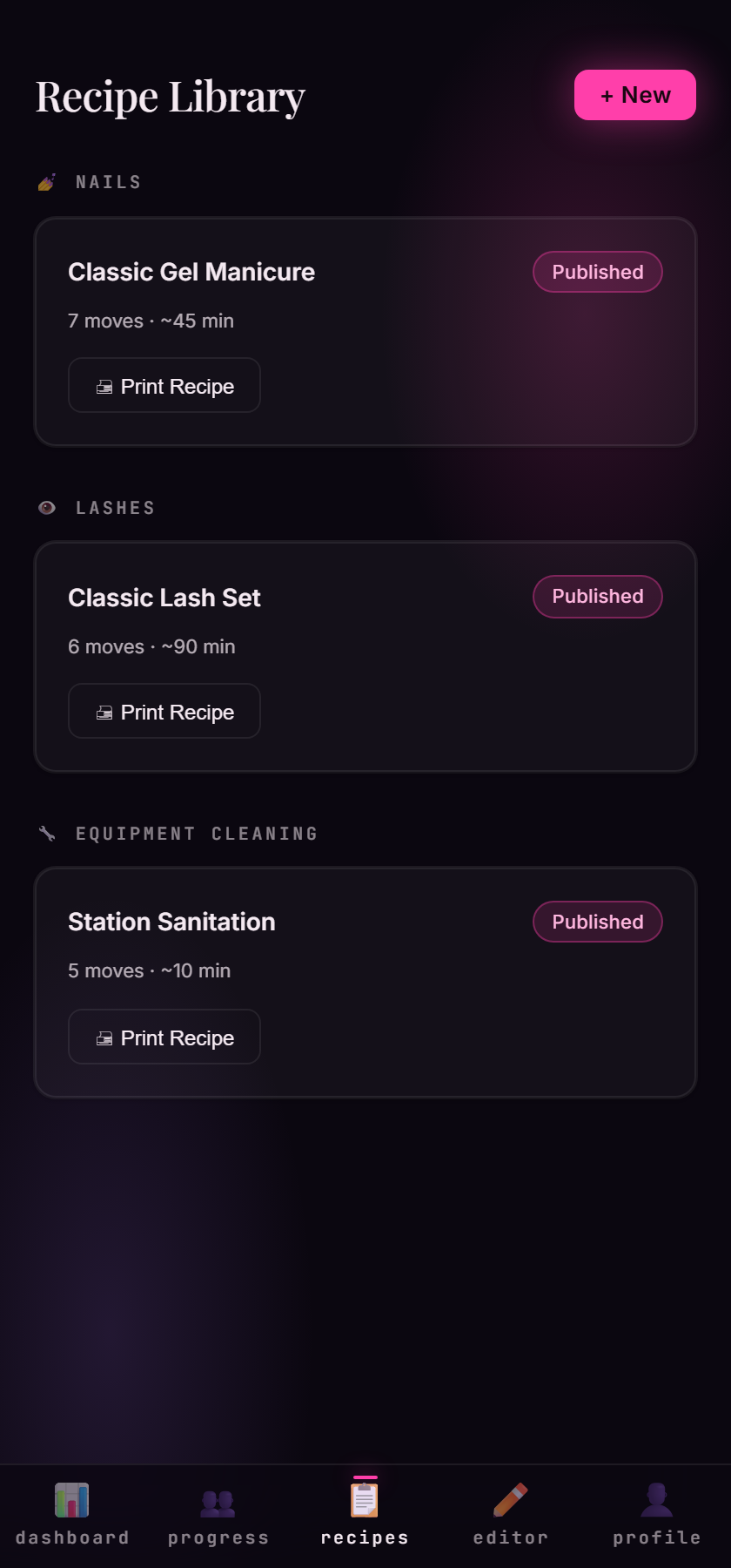 The recipe library showing published services